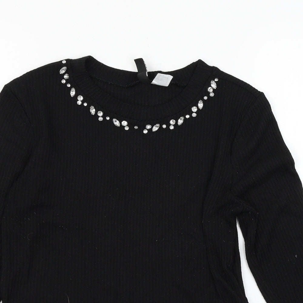 Divided by H&M Womens Black  Jersey Basic T-Shirt Size M  - Embelished Neckline
