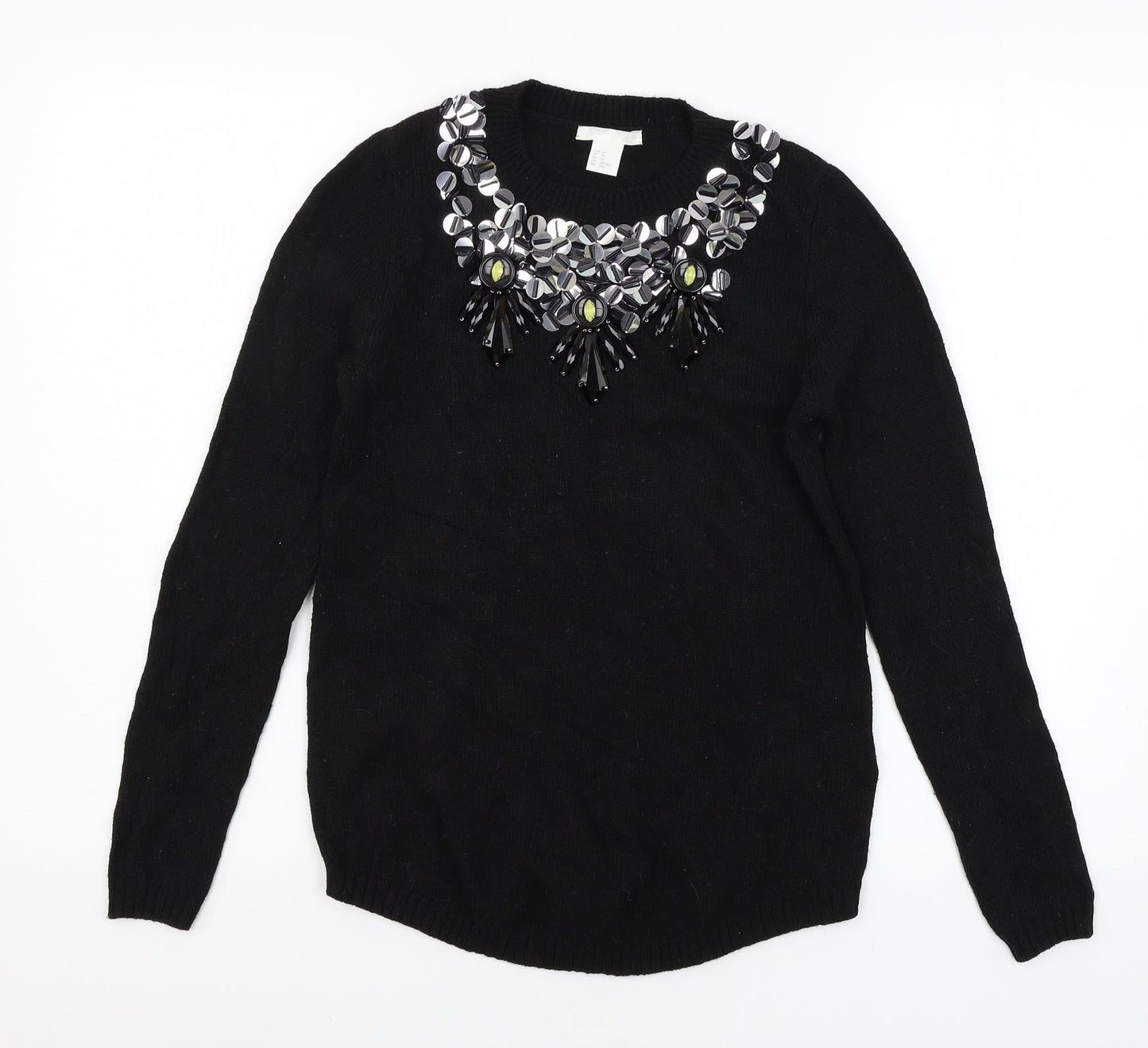H&M Womens Black  Knit Pullover Jumper Size XS  - Embelished Neckline
