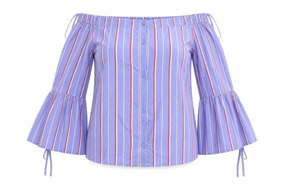 Front view of Atmosphere women’s blue striped basic blouse, size UK 10