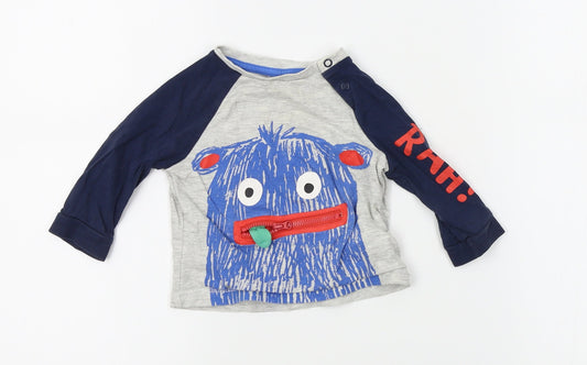 F&F Boys Grey   Basic T-Shirt Size 6-9 Months  - monster zip mouth