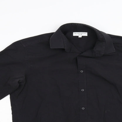 Close-up detail of Taylor & Wright men’s black button-up, size 15