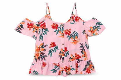 Front view of Atmosphere women’s pink floral basic blouse, size UK 4, - open shoulder