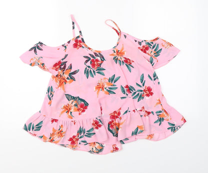 Back view of Atmosphere women’s pink floral basic blouse, size UK 4, - open shoulder