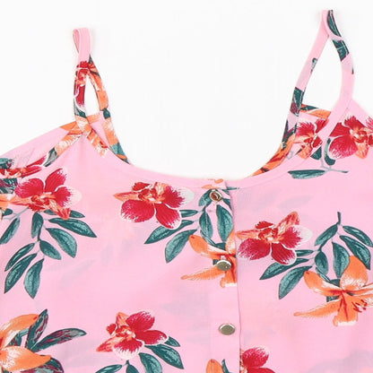 Close-up detail of Atmosphere women’s pink floral basic blouse, size UK 4, - open shoulder