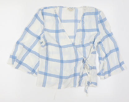 Additional front view of Miss Selfridge women’s white check wrap blouse, size UK 6, - blue