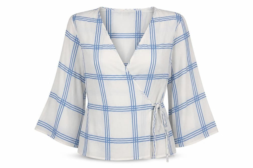 Miss Selfridge Womens White Check  Wrap Blouse Size 6  - Blue