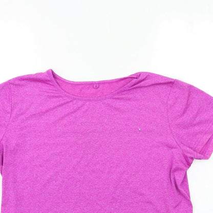 Close-up detail of Atmosphere women’s purple basic t-shirt, size UK 14