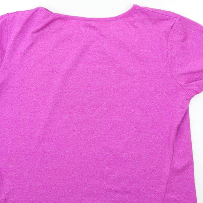 Brand and care label for Atmosphere women’s purple basic t-shirt, size UK 14