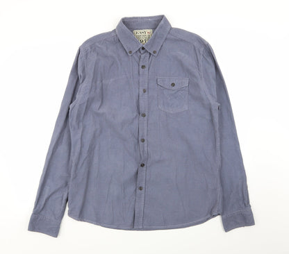 Front view of Easy men’s blue button-up, size L