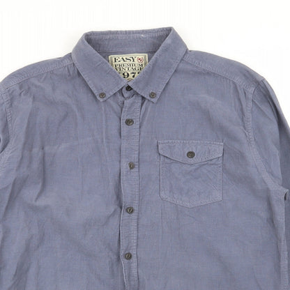 Close-up detail of Easy men’s blue button-up, size L