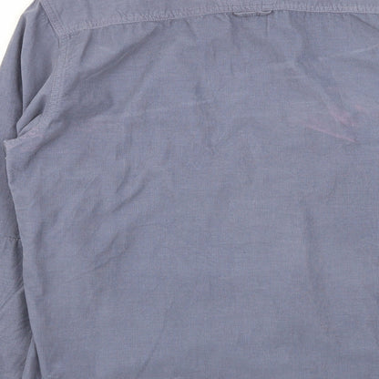 Brand and care label for Easy men’s blue button-up, size L