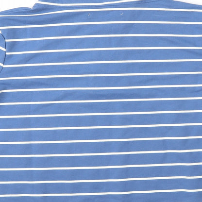 Brand and care label for Tru women’s blue striped jumper, size S