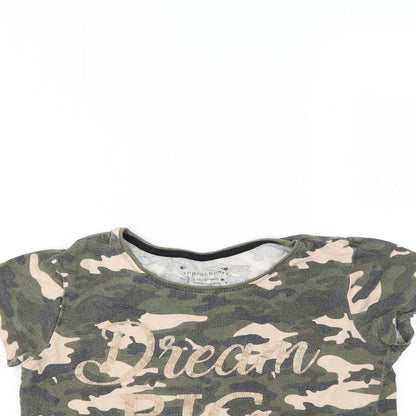 Close-up detail of Primark girls’ green camouflage basic t-shirt, size 9-10, years