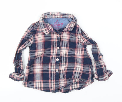 Front view of Primark girls’ blue plaid basic button-up, size 3-6, months