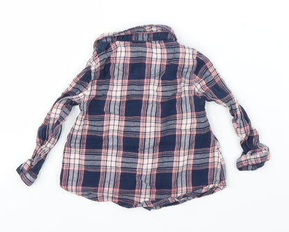 Back view of Primark girls’ blue plaid basic button-up, size 3-6, months