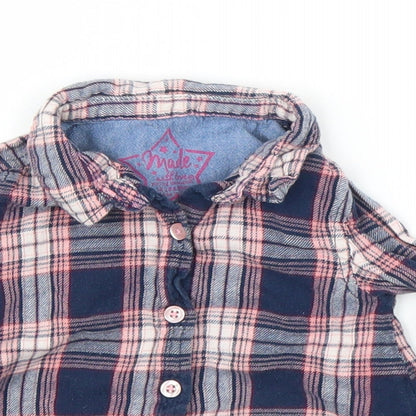 Close-up detail of Primark girls’ blue plaid basic button-up, size 3-6, months