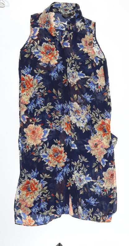 Preloved A. E. Nice Womens Blue Floral  Tunic Blouse Size M  - Split down back - Front