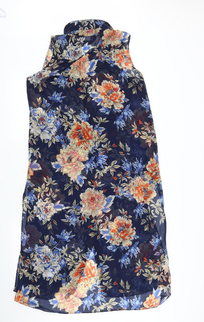 Preloved A. E. Nice Womens Blue Floral  Tunic Blouse Size M  - Split down back - Back
