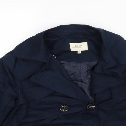 Close-up detail of Papaya women’s blue jacket coat, size UK 14