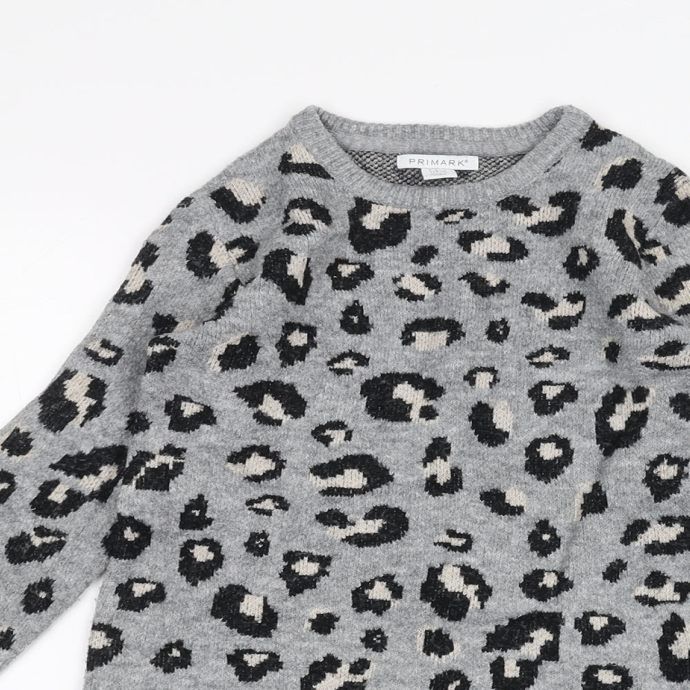 Primark Girls Grey Animal Print  Pullover Jumper Size 7-8 Years