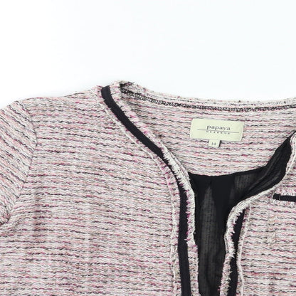 Close-up detail of Papaya women’s pink jacket, size UK 14