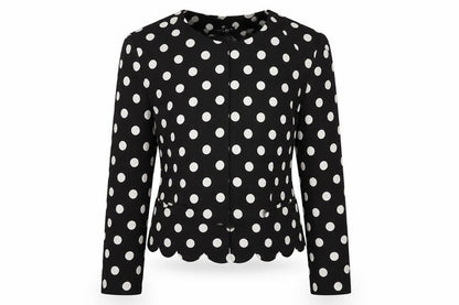 Front view of Atmosphere women’s black polka dot rayon jacket, size UK 8