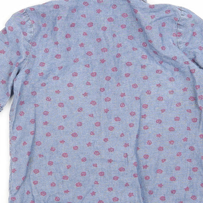 Brand and care label for carters girls’ blue geometric basic button-up, size 5, years