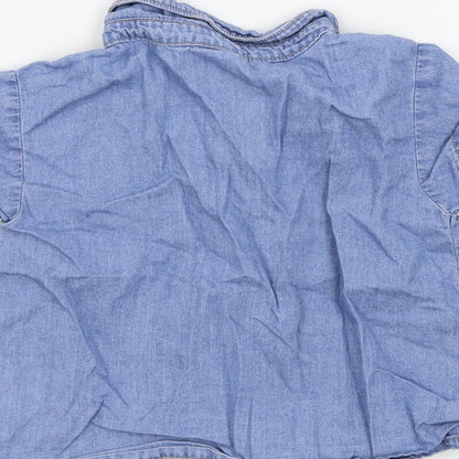 Brand and care label for CARTER'S girls’ blue basic button-up, size 2, years