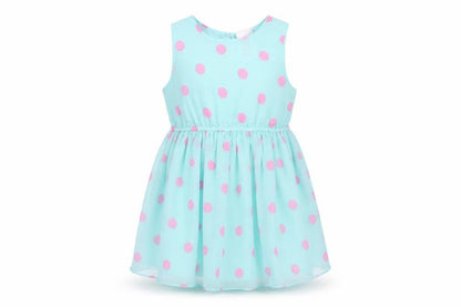 Front view of E-vie Angel girls’ blue polka dot tank dress, size 2, years