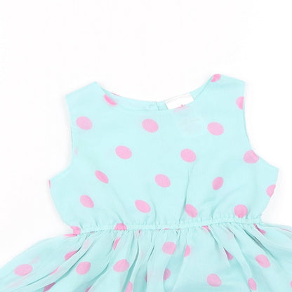 Close-up detail of E-vie Angel girls’ blue polka dot tank dress, size 2, years