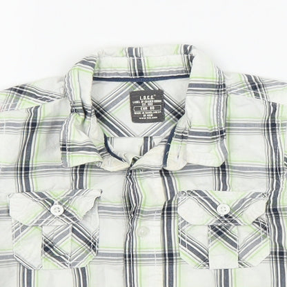 Close-up detail of H&M boys’ green plaid basic button-up, size 12, months