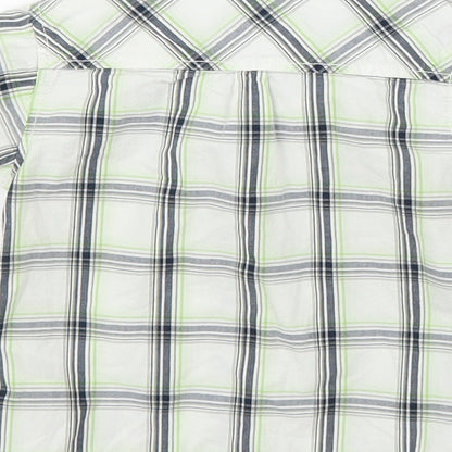 Brand and care label for H&M boys’ green plaid basic button-up, size 12, months