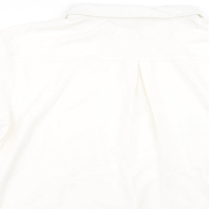 Brand and care label for In the Style women’s white basic button-up, size UK 20