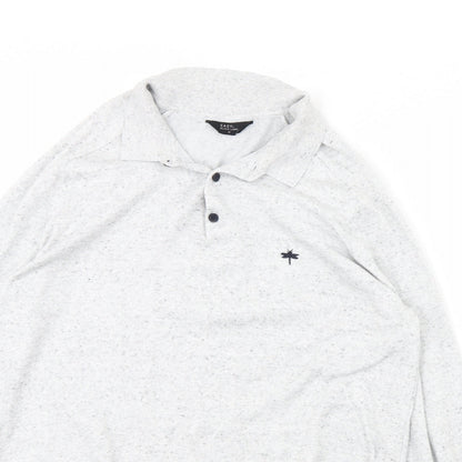 Close-up detail of Easy men’s grey henley jumper, size M