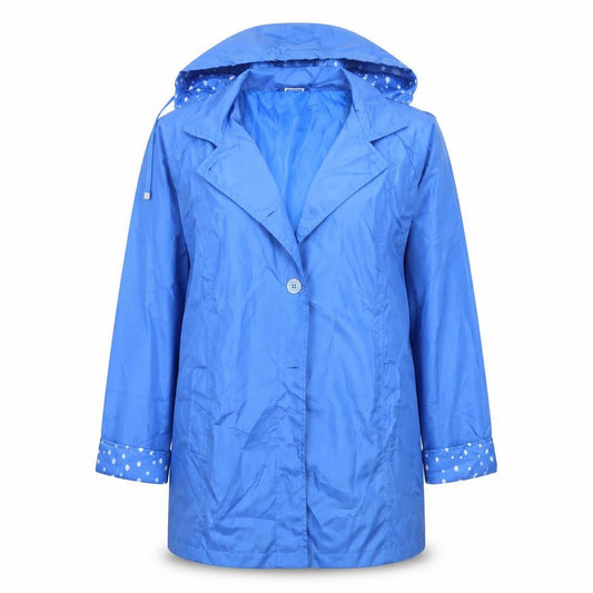 Front view of Anne De Lancay women’s blue jacket coat, size UK 14