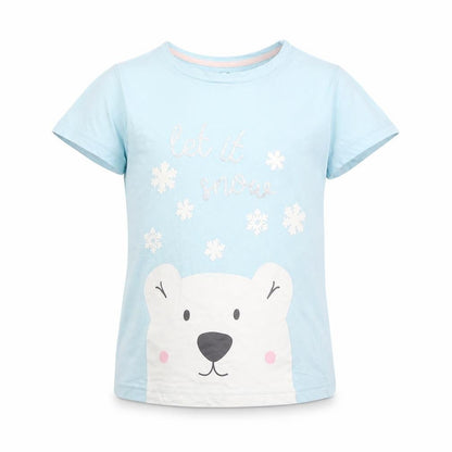 Front view of Fluid girls’ blue basic t-shirt, size 9-10, years - let it snow