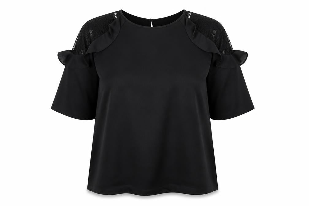 Dorothy Perkins Womens Black   Basic Blouse Size 14  - lace shoulders with frills