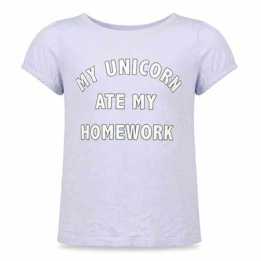 Front view of Primark girls’ grey basic t-shirt, size 10-11, years - my unicorn ate my homework