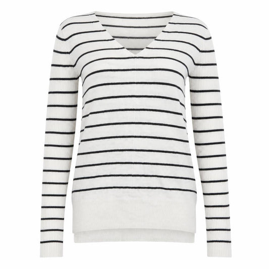 Front view of Atmosphere women’s white striped knit jumper, size UK 8