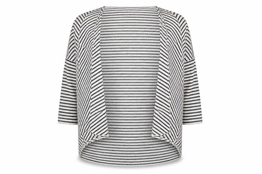 Front view of Papaya women’s blue striped cardigan jumper, size UK 14