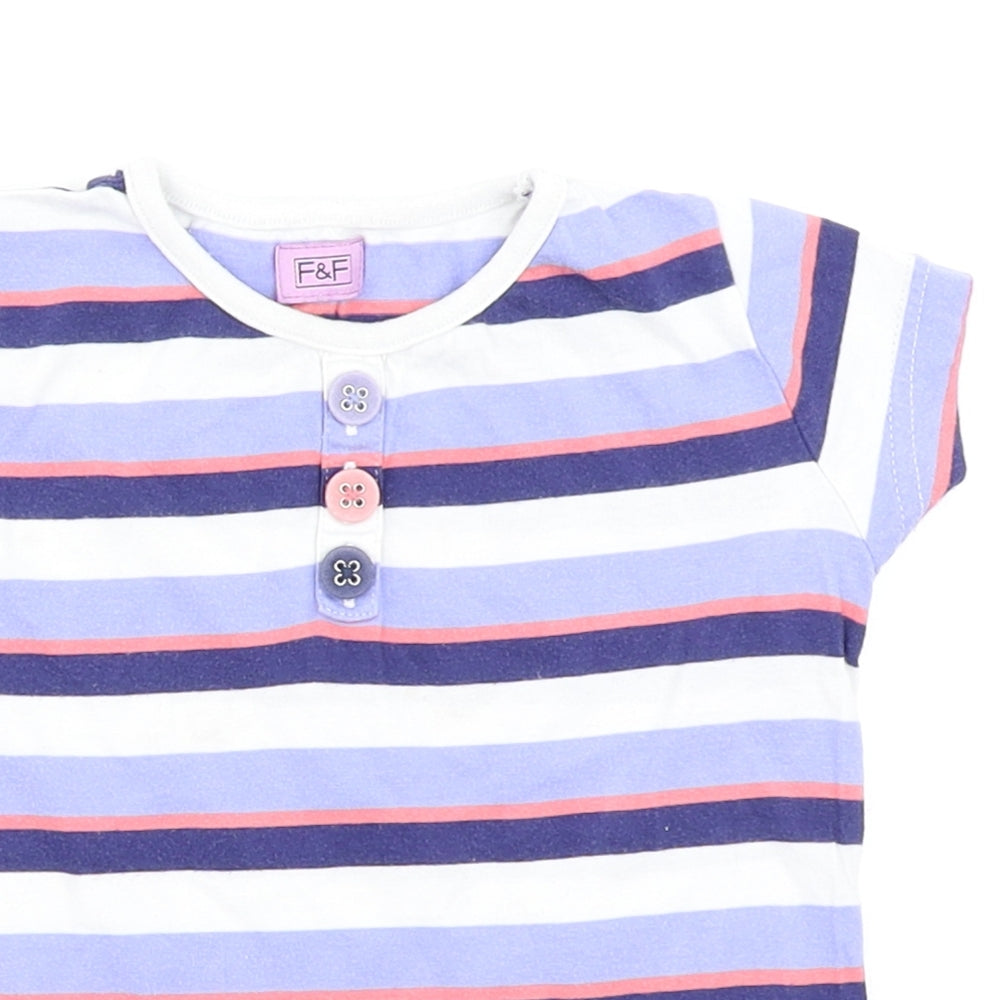Close-up detail of F&F girls’ blue striped basic t-shirt, size 3-4, years
