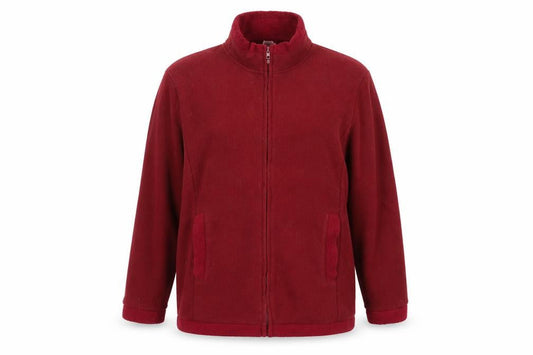 Front view of Anne De Lancay women’s red fleece jacket, size UK 18