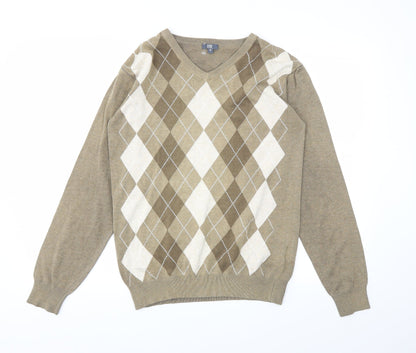 Front view of Easy men’s brown argyle/diamond pullover sweatshirt, size S