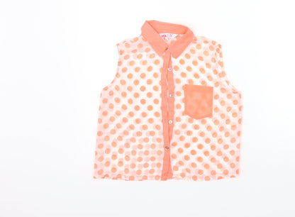 Additional front view of Love Me girls’ orange spotted basic button-up, size 11-12, years