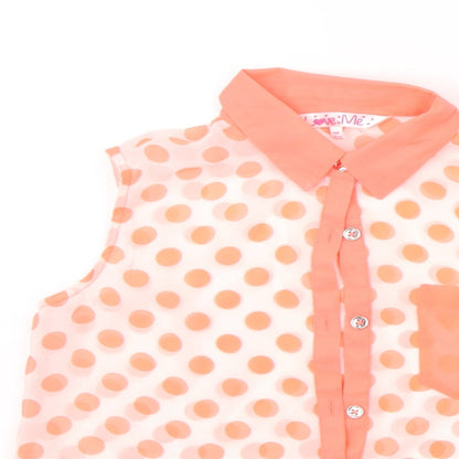 Close-up detail of Love Me girls’ orange spotted basic button-up, size 11-12, years