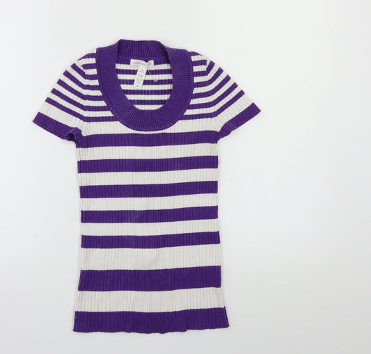Ambiance Apparel Womens Purple Striped Knit Pullover Jumper Size M