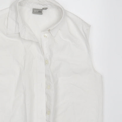 Close-up detail of ASOS women’s white basic button-up, size UK 8