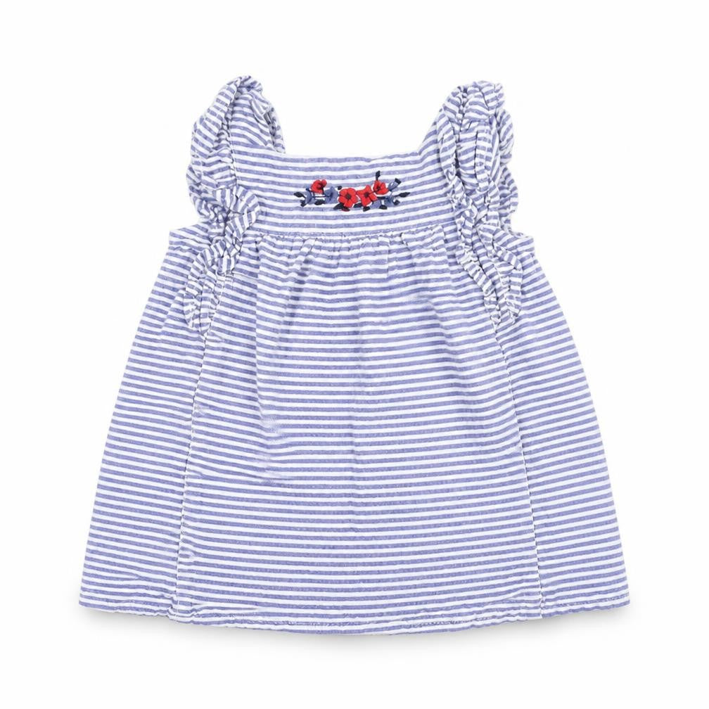 Front view of F&F girls’ blue striped a-line, size 3-6, months