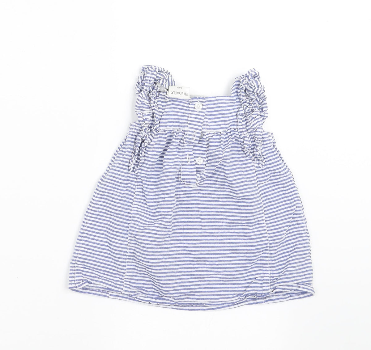 Back view of F&F girls’ blue striped a-line, size 3-6, months
