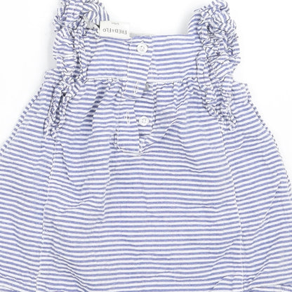 Brand and care label for F&F girls’ blue striped a-line, size 3-6, months